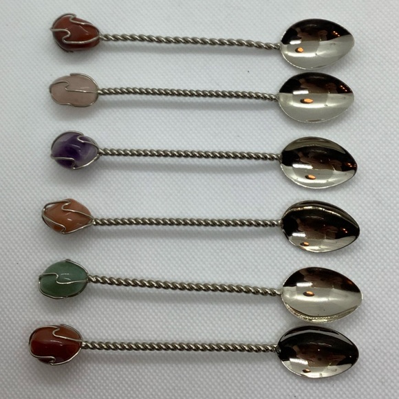 Silver Tone Twisted Semi Precious Gemstone Handle Demitasse Spoons Set of 6 - Picture 11 of 16